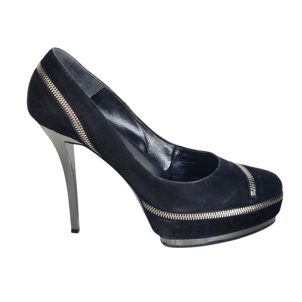 Gucci Black Suede Zipper Trim Platform Pumps Gunmetal Stiletto Heels Size 39